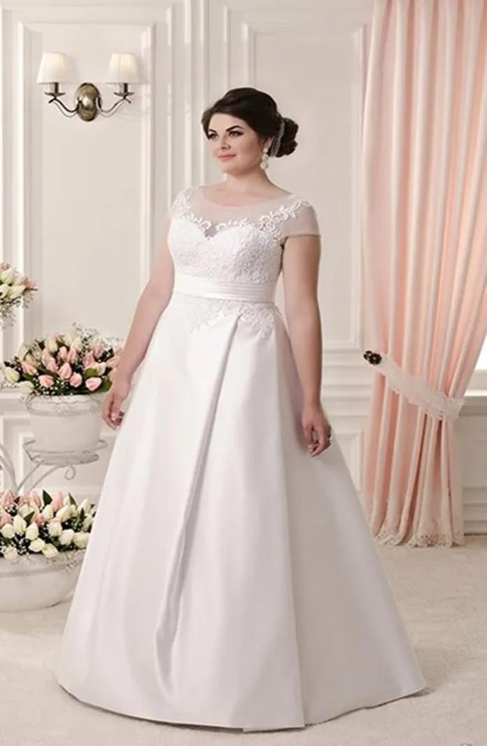 ---Plus size religious wedding dress for sale on the internet with a satin linear skirt and draped waist sash--