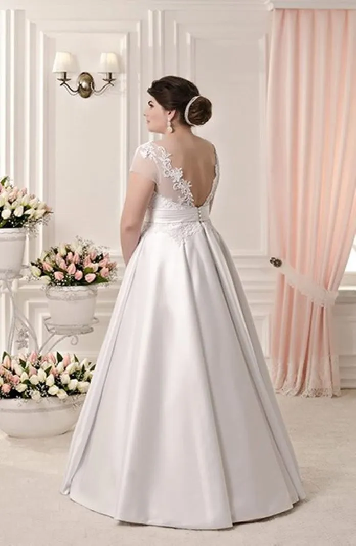 ---Plus size religious wedding dress for sale on the internet with a satin linear skirt and draped waist sash--