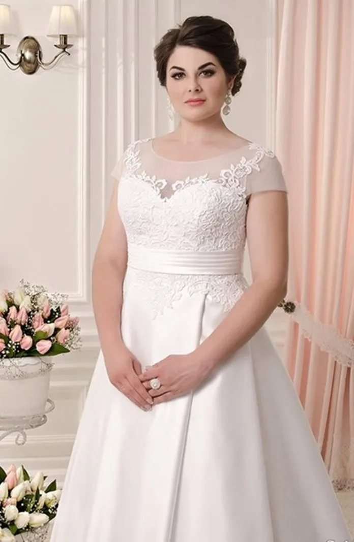 ---Plus size religious wedding dress for sale on the internet with a satin linear skirt and draped waist sash--