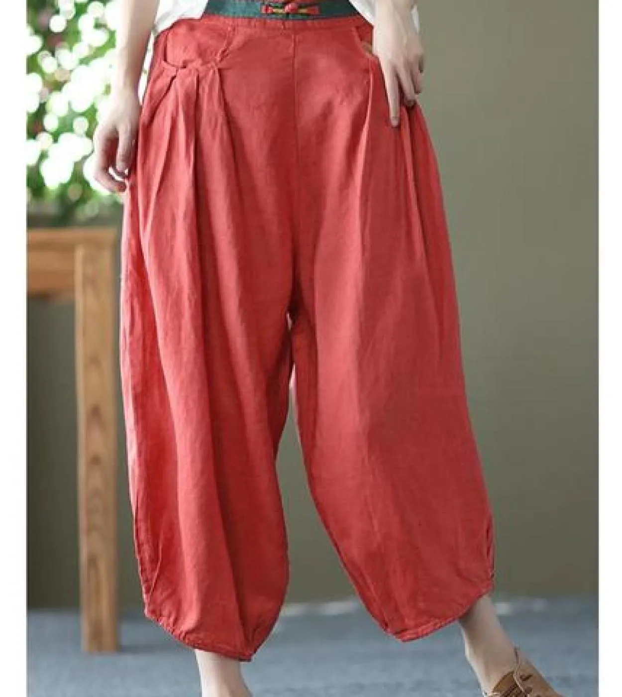 2022 New Arts Style Primavera Estate Donna Vita elastica Pantaloni larghi alla caviglia in cotone e lino Pantaloni vintage a gam
