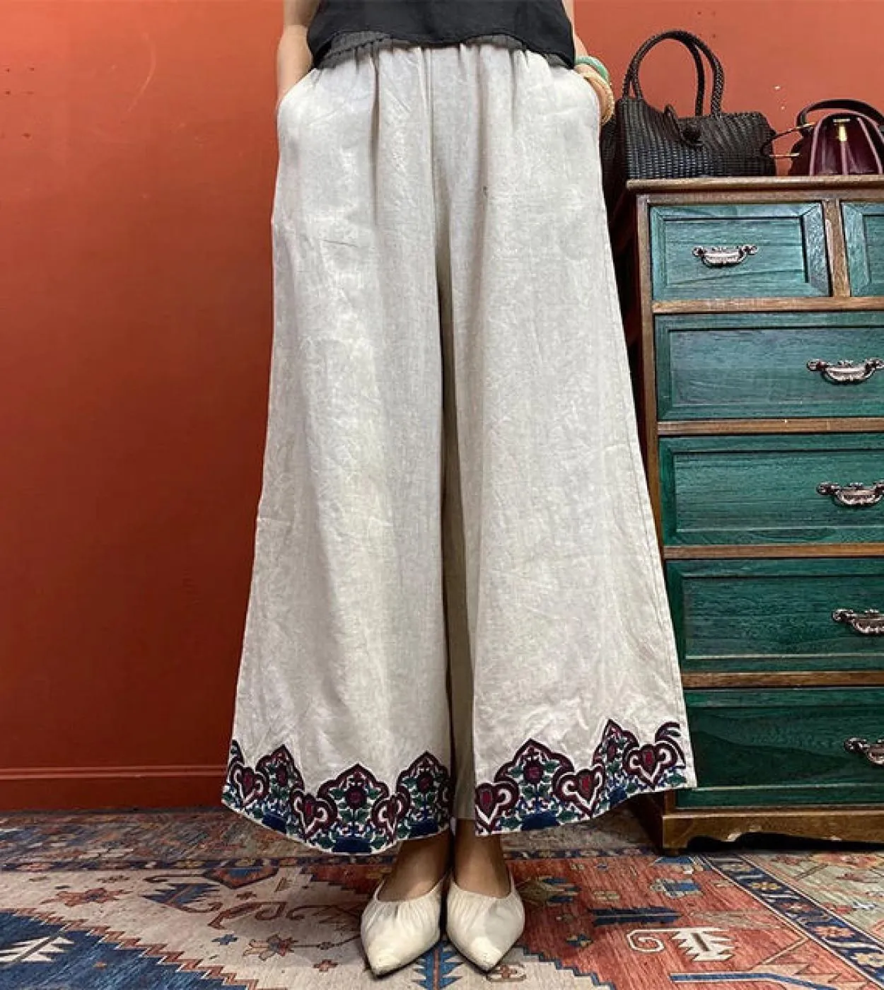 2022 primavera estate stile artistico donna elastico in vita cotone lino ricamo pantaloni larghi pantaloni larghi alla caviglia