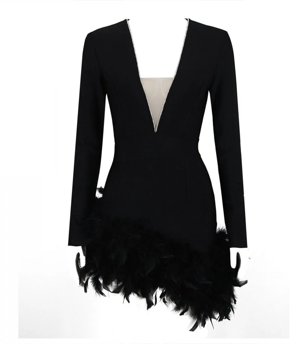 2023 Nuovi arrivi Mini vestito dalla fasciatura delle donne Scollo a V Piume Manica lunga Elegante aderente Celebrity Evening Pa
