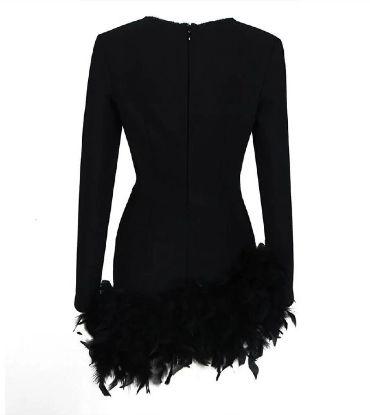 2023 Nuovi arrivi Mini vestito dalla fasciatura delle donne Scollo a V Piume Manica lunga Elegante aderente Celebrity Evening Pa