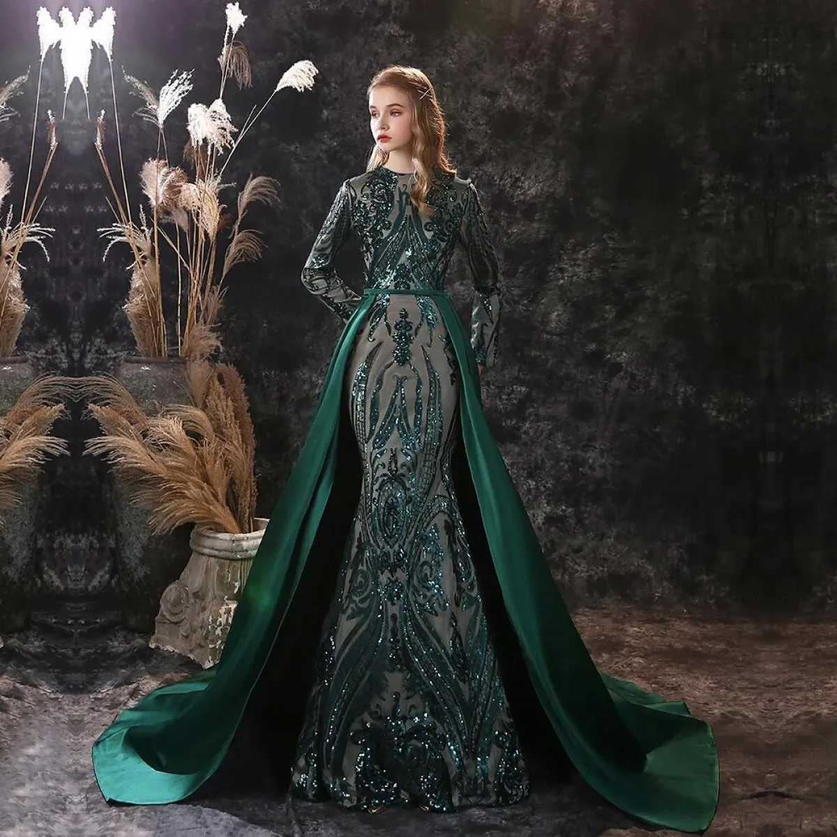 Abiti da sera a maniche lunghe Robe De Soiree Musulmano Verde Paillettes Marocchino Caftano Abiti da sera formale da ballo di fi