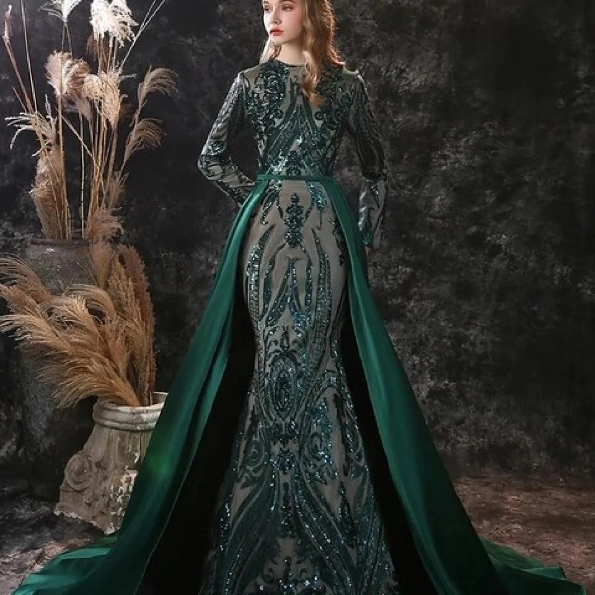 Abiti da sera a maniche lunghe Robe De Soiree Musulmano Verde Paillettes Marocchino Caftano Abiti da sera formale da ballo di fi