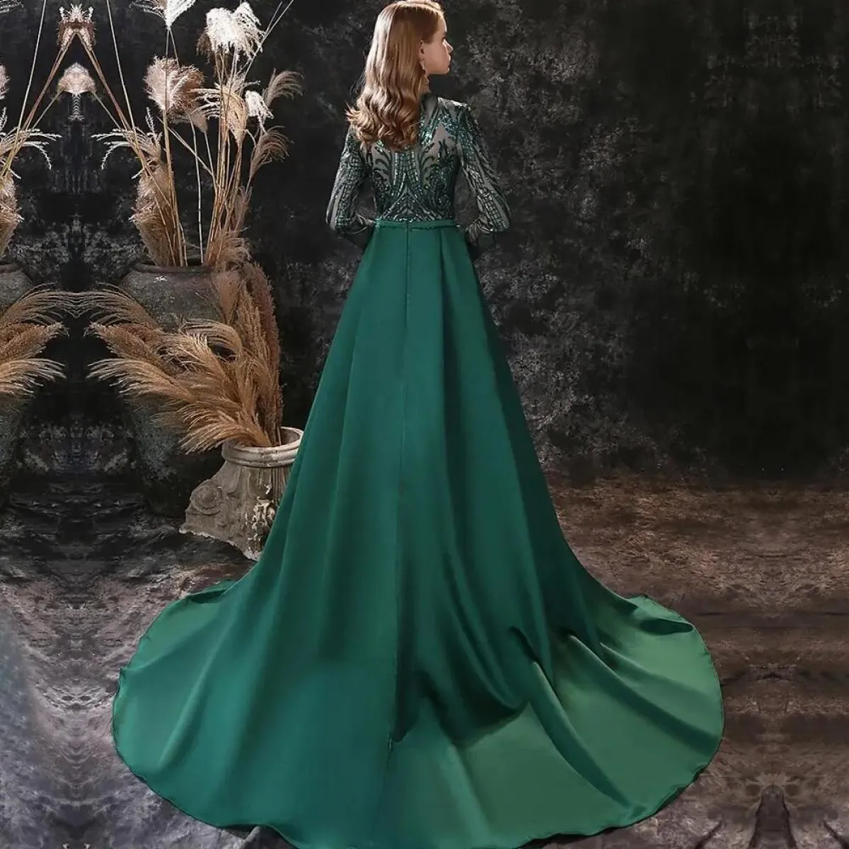 Abiti da sera a maniche lunghe Robe De Soiree Musulmano Verde Paillettes Marocchino Caftano Abiti da sera formale da ballo di fi