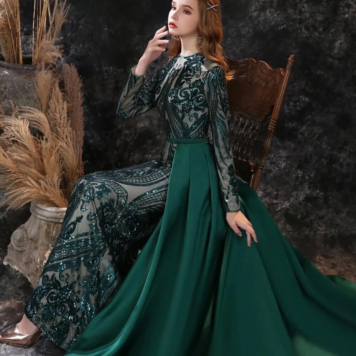 Abiti da sera a maniche lunghe Robe De Soiree Musulmano Verde Paillettes Marocchino Caftano Abiti da sera formale da ballo di fi