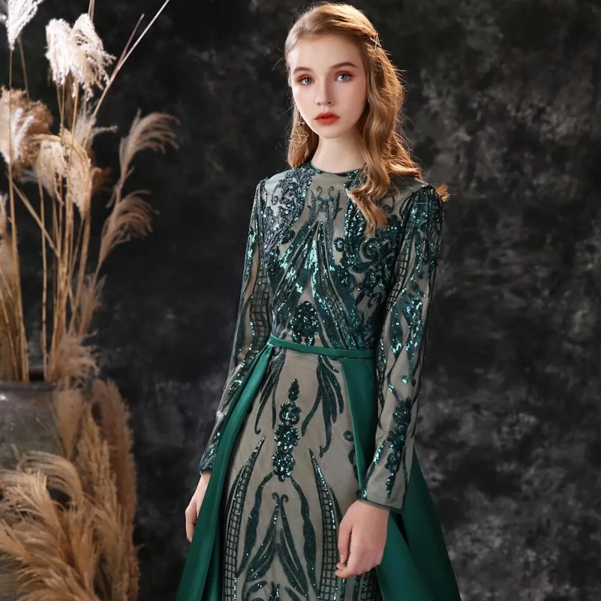 Abiti da sera a maniche lunghe Robe De Soiree Musulmano Verde Paillettes Marocchino Caftano Abiti da sera formale da ballo di fi