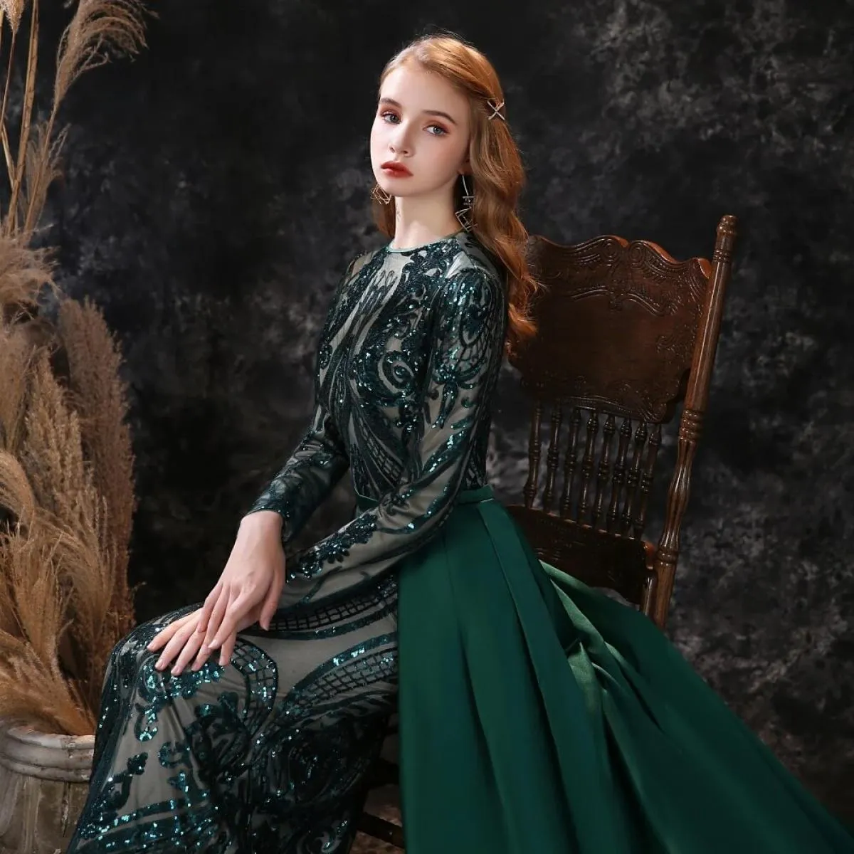 Abiti da sera a maniche lunghe Robe De Soiree Musulmano Verde Paillettes Marocchino Caftano Abiti da sera formale da ballo di fi