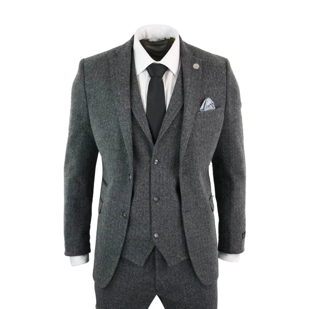 Abito 3 Pezzi Grigio Scuro  In Lana Motivo Intrecciato Vintage Retro Blinders Tweed