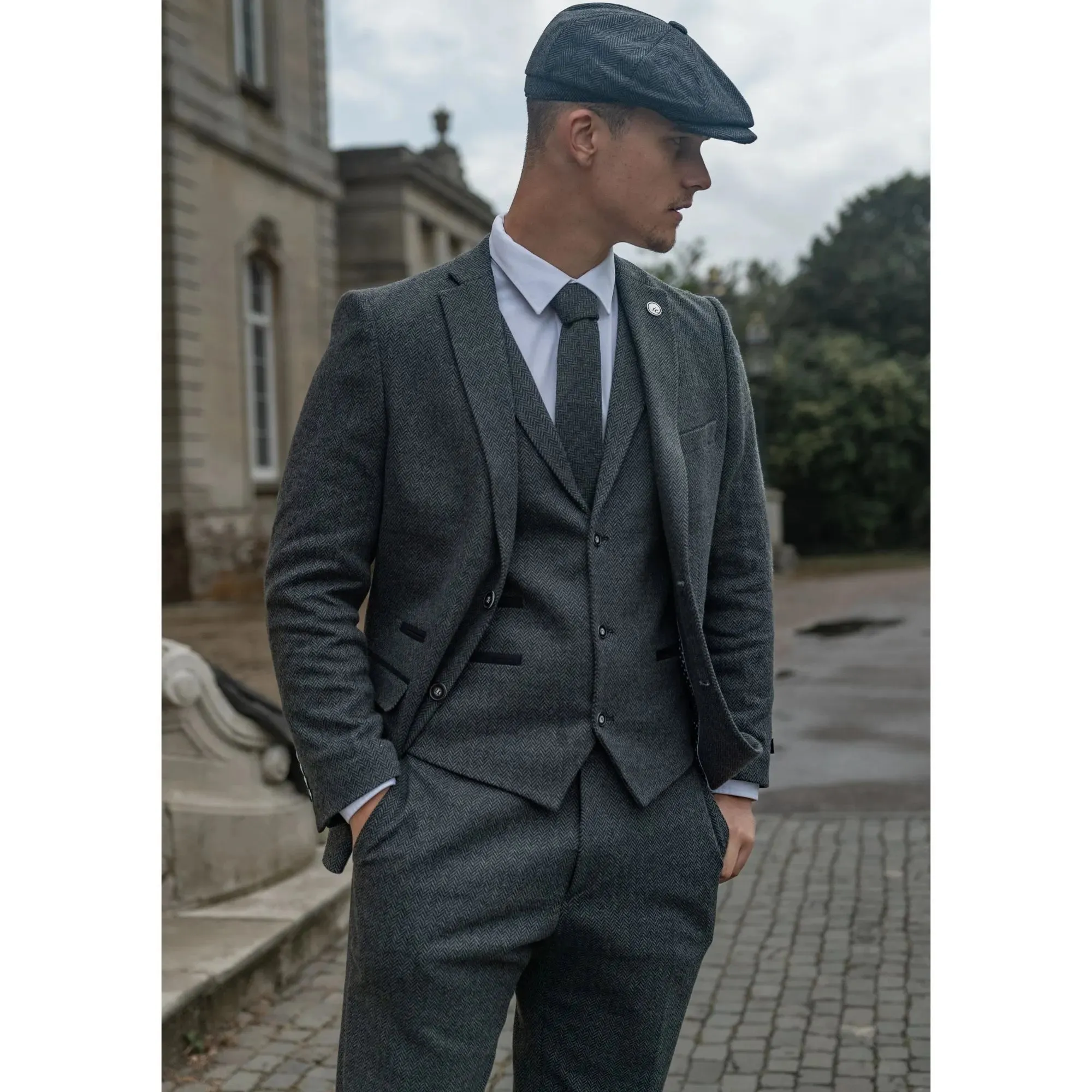 Abito 3 Pezzi Grigio Scuro  In Lana Motivo Intrecciato Vintage Retro Blinders Tweed