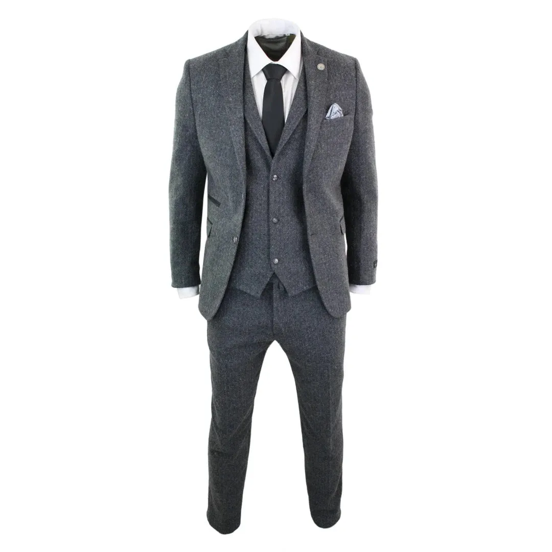 Abito 3 Pezzi Grigio Scuro  In Lana Motivo Intrecciato Vintage Retro Blinders Tweed