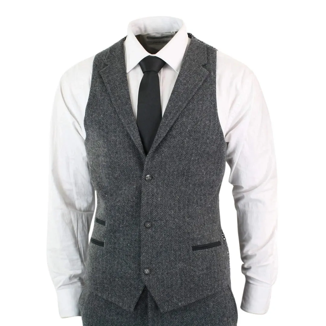 Abito 3 Pezzi Grigio Scuro  In Lana Motivo Intrecciato Vintage Retro Blinders Tweed
