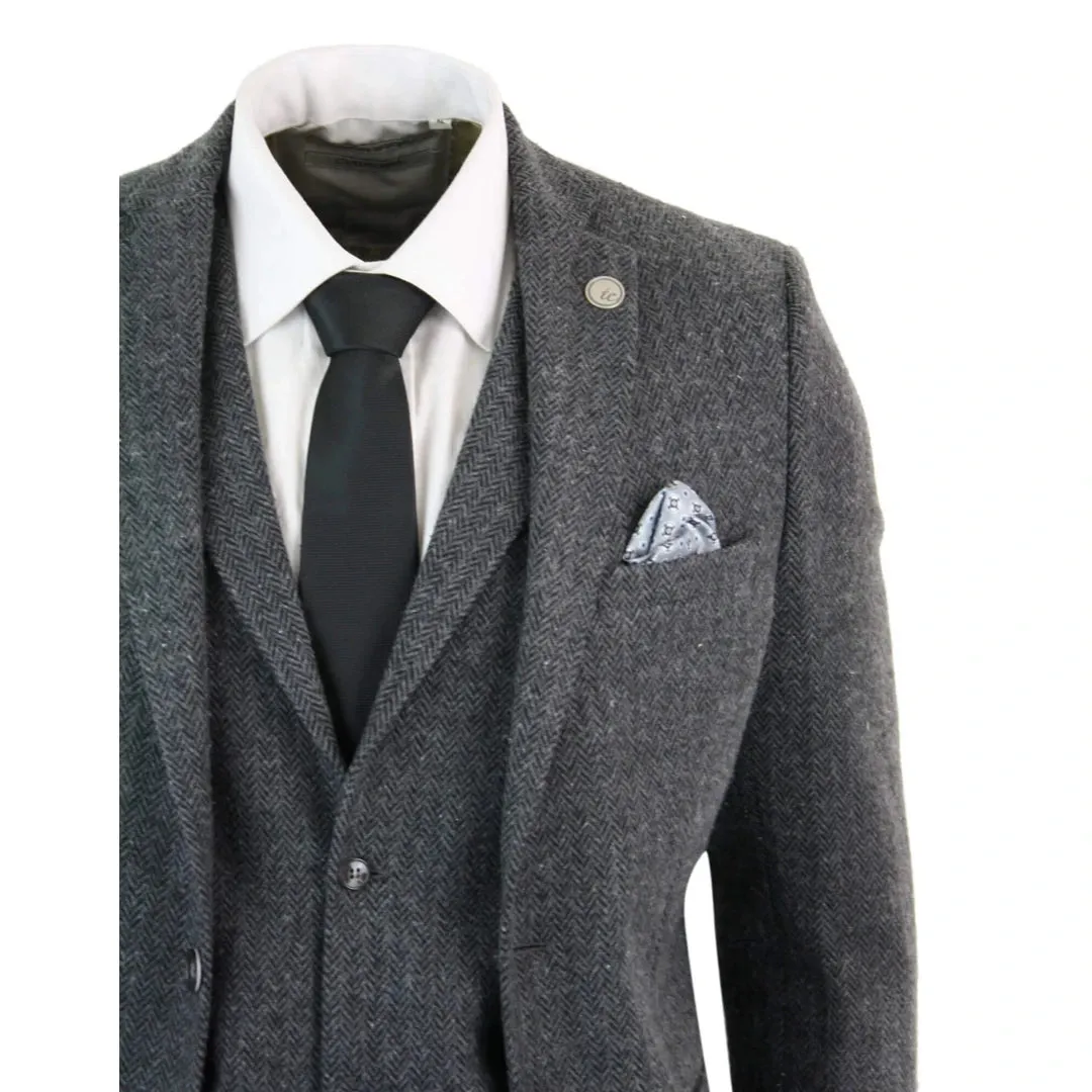 Abito 3 Pezzi Grigio Scuro  In Lana Motivo Intrecciato Vintage Retro Blinders Tweed