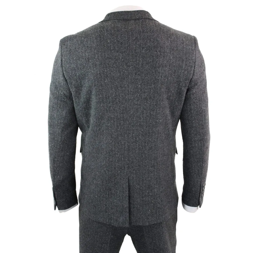 Abito 3 Pezzi Grigio Scuro  In Lana Motivo Intrecciato Vintage Retro Blinders Tweed