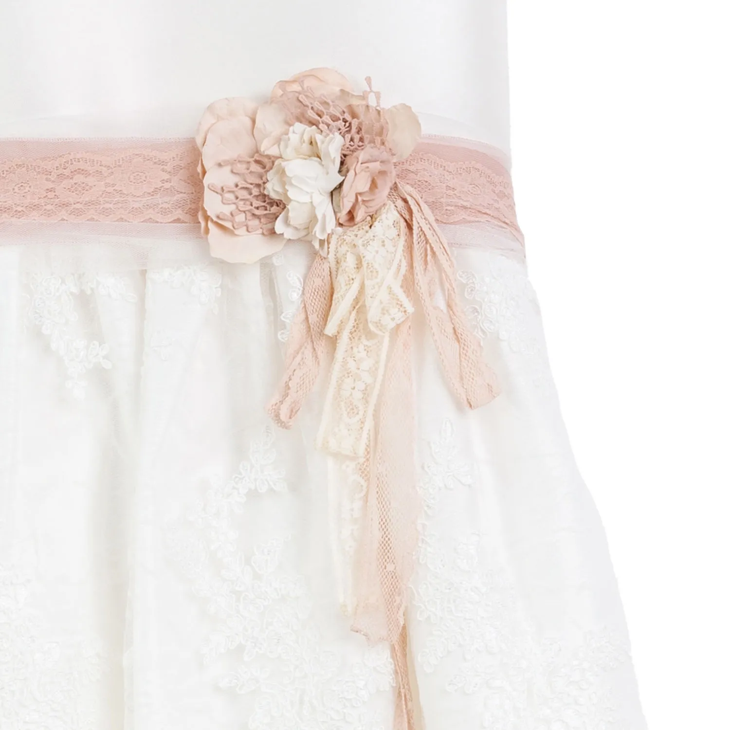 Abito Bianco In Mikado E Tulle Con Pizzo Rosa