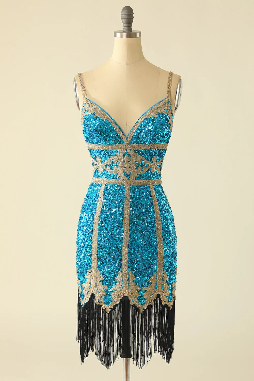 Abito corto di homecoming in paillettes blu lago con frange
