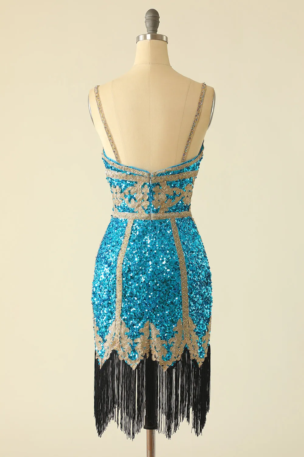 Abito corto di homecoming in paillettes blu lago con frange