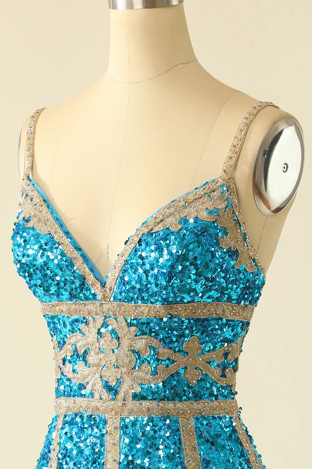 Abito corto di homecoming in paillettes blu lago con frange