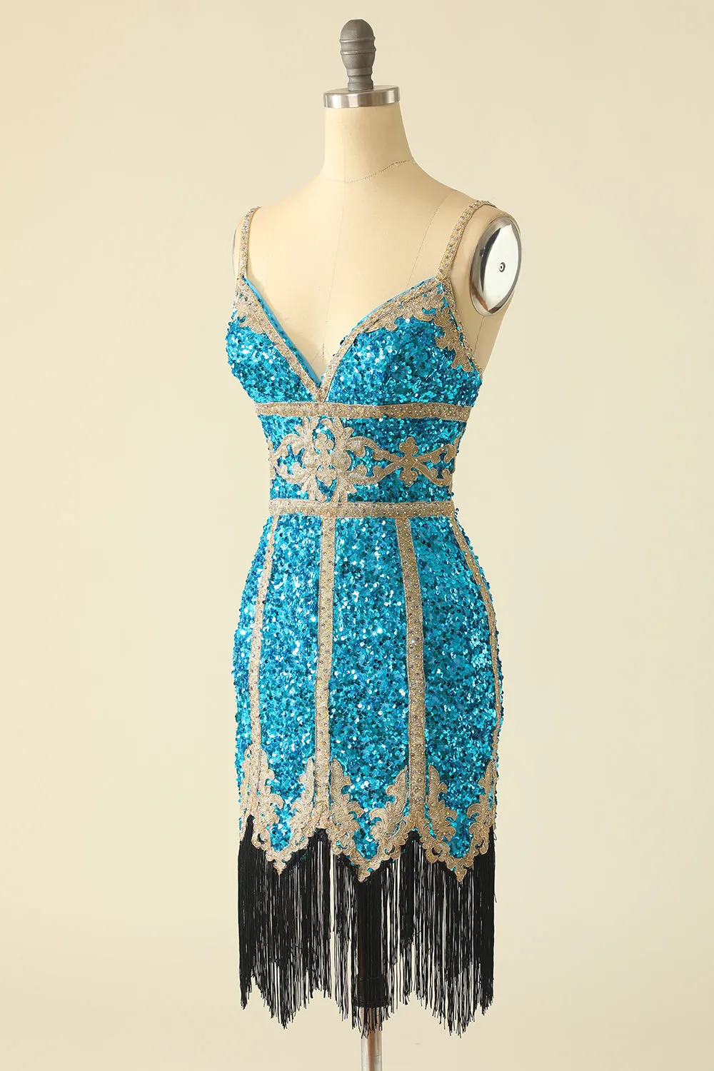 Abito corto di homecoming in paillettes blu lago con frange