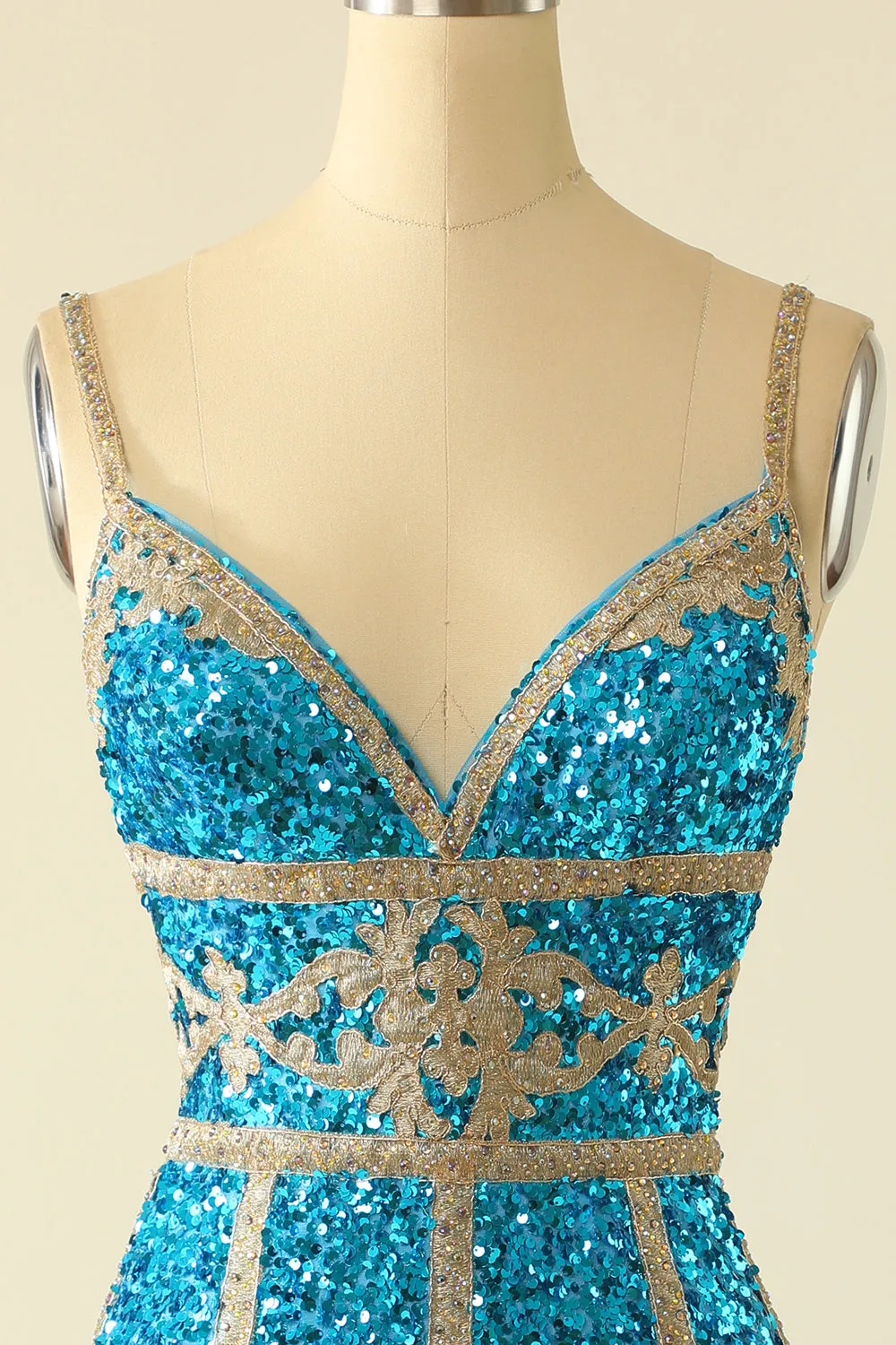 Abito corto di homecoming in paillettes blu lago con frange