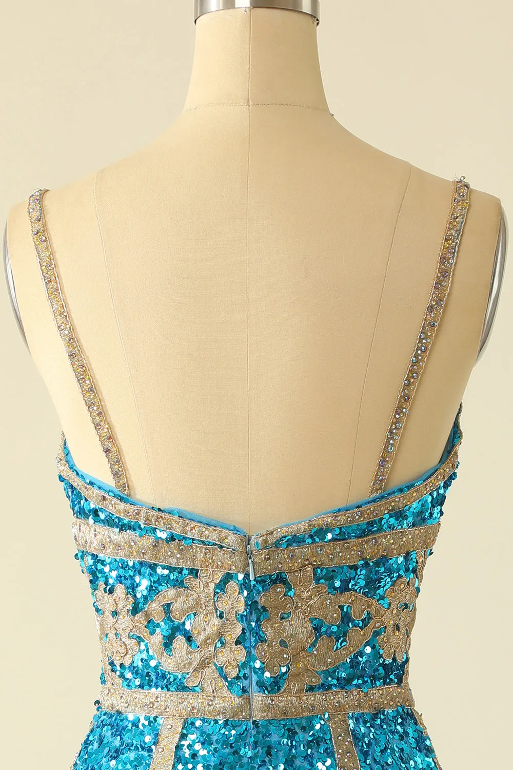 Abito corto di homecoming in paillettes blu lago con frange