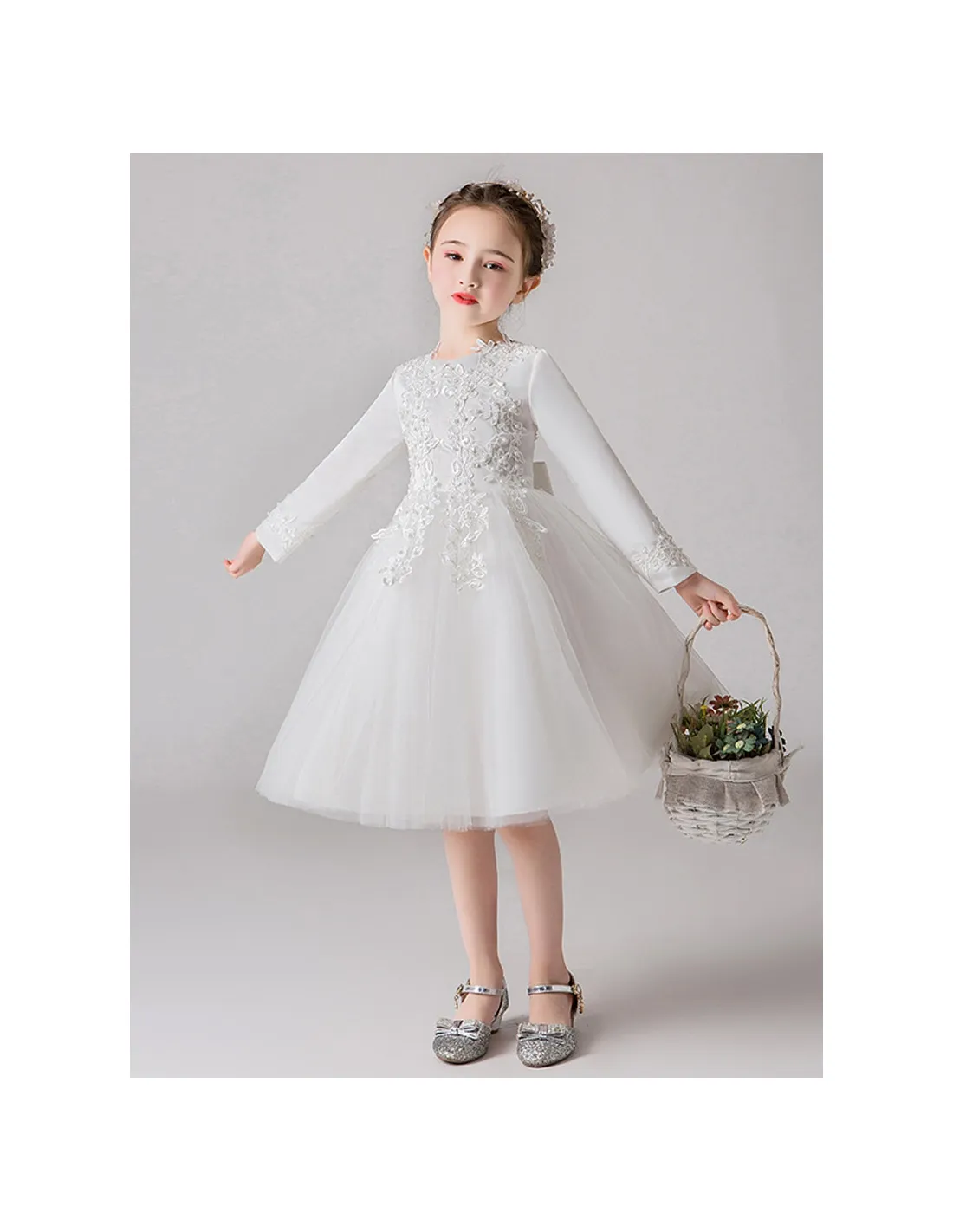 Abito damigella bimba in pizzo maniche lunghe disponibile in vari colori