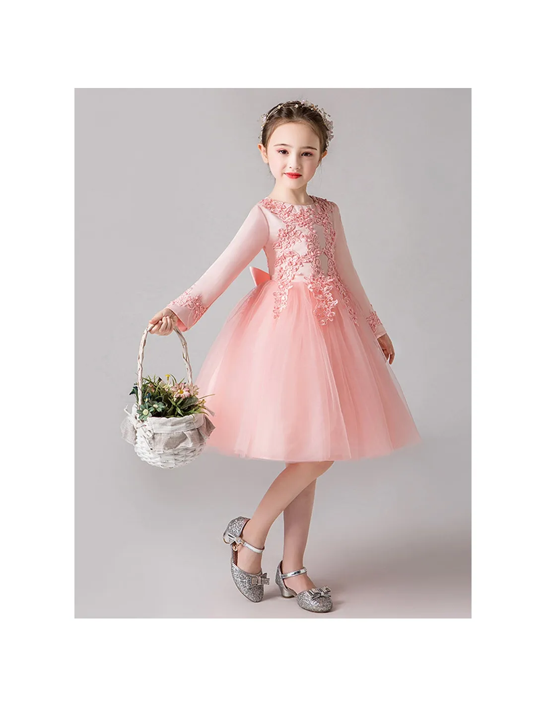 Abito damigella bimba in pizzo maniche lunghe disponibile in vari colori