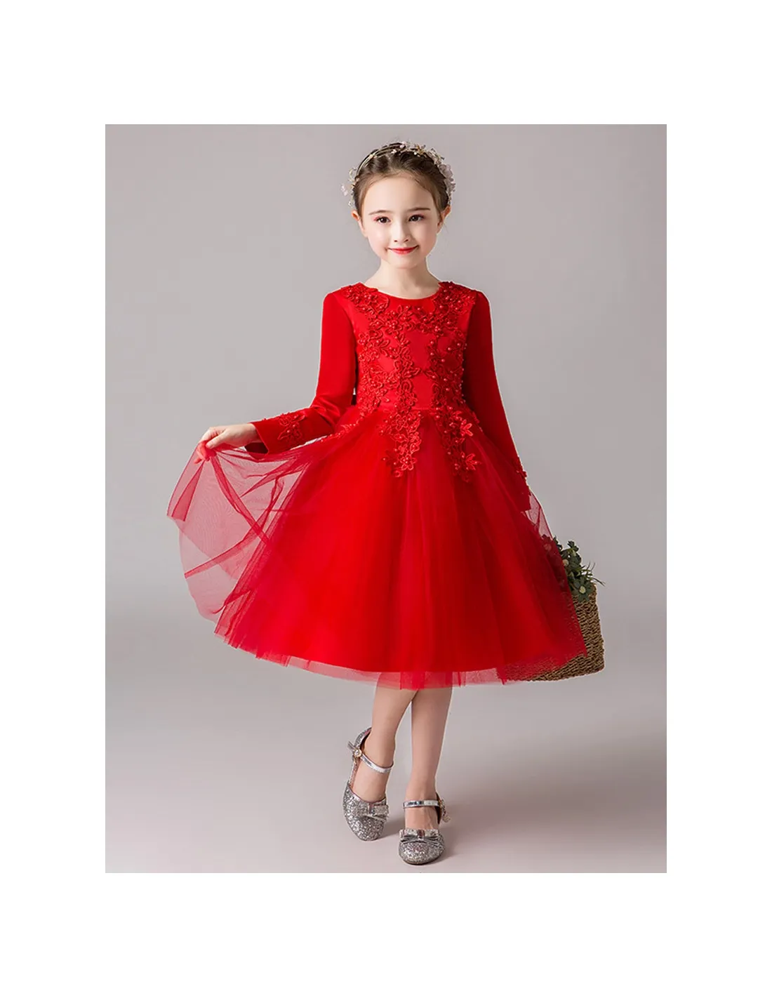 Abito damigella bimba in pizzo maniche lunghe disponibile in vari colori