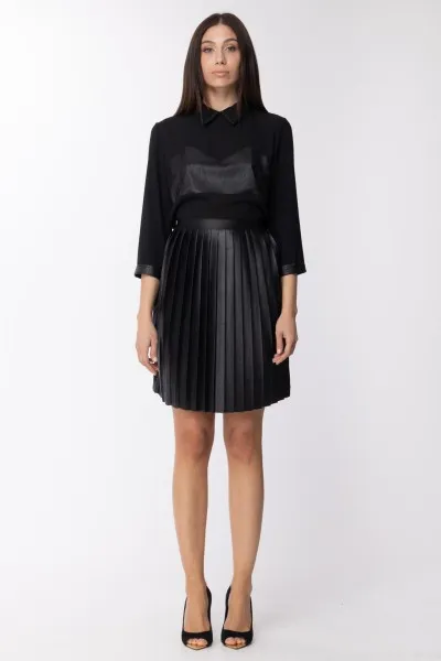 ABITO ELEGANTE GONNA PLISSETATTA INSERTI IN ECO PELLE Nero