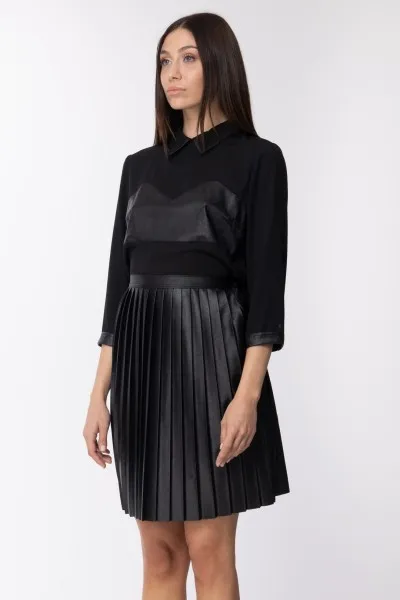 ABITO ELEGANTE GONNA PLISSETATTA INSERTI IN ECO PELLE Nero