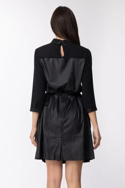 ABITO ELEGANTE GONNA PLISSETATTA INSERTI IN ECO PELLE Nero