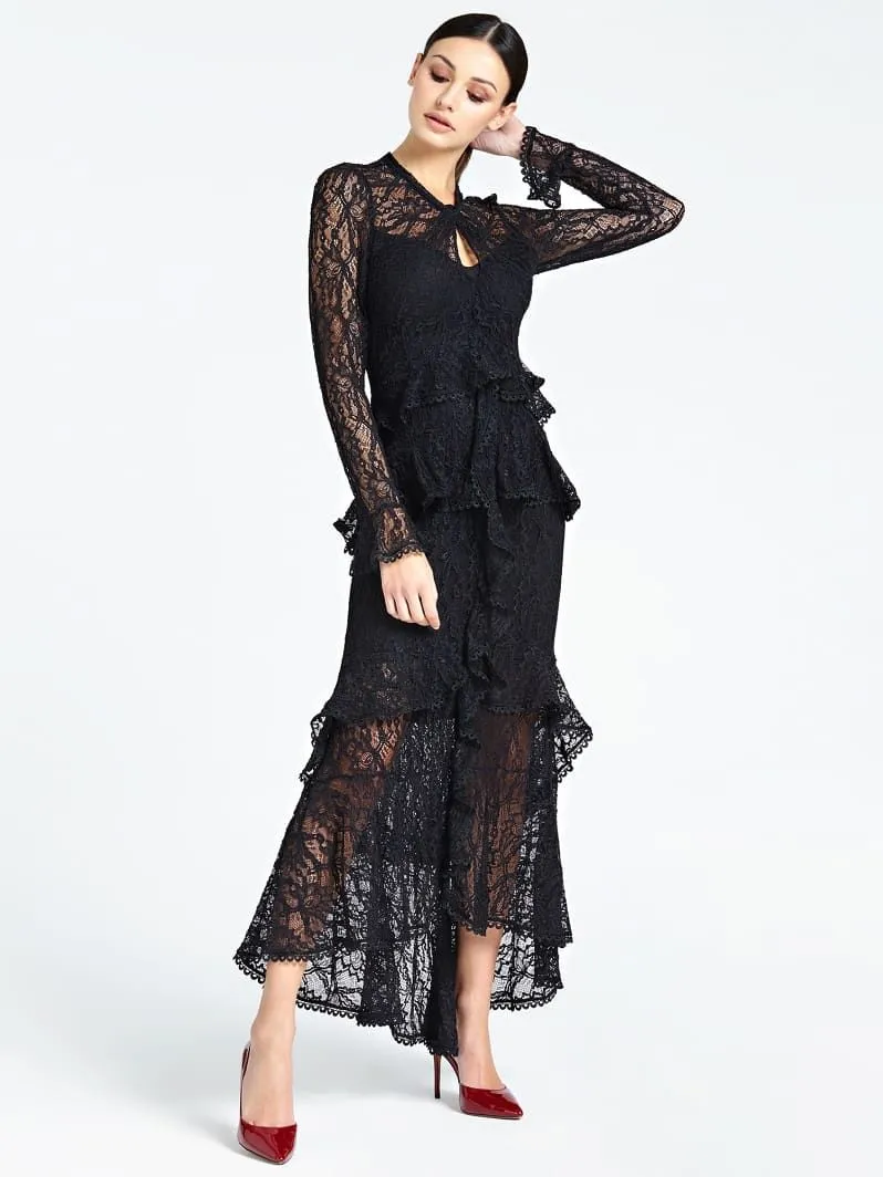 Abito lungo marciano in pizzo con rouches