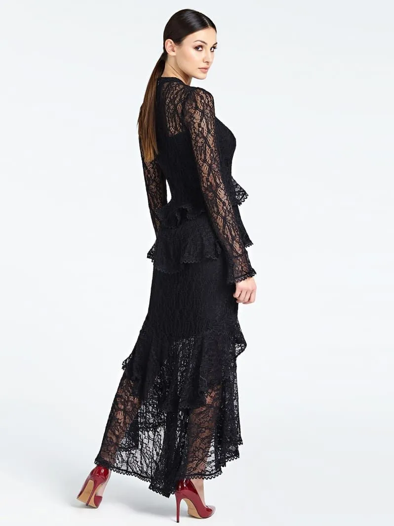 Abito lungo marciano in pizzo con rouches