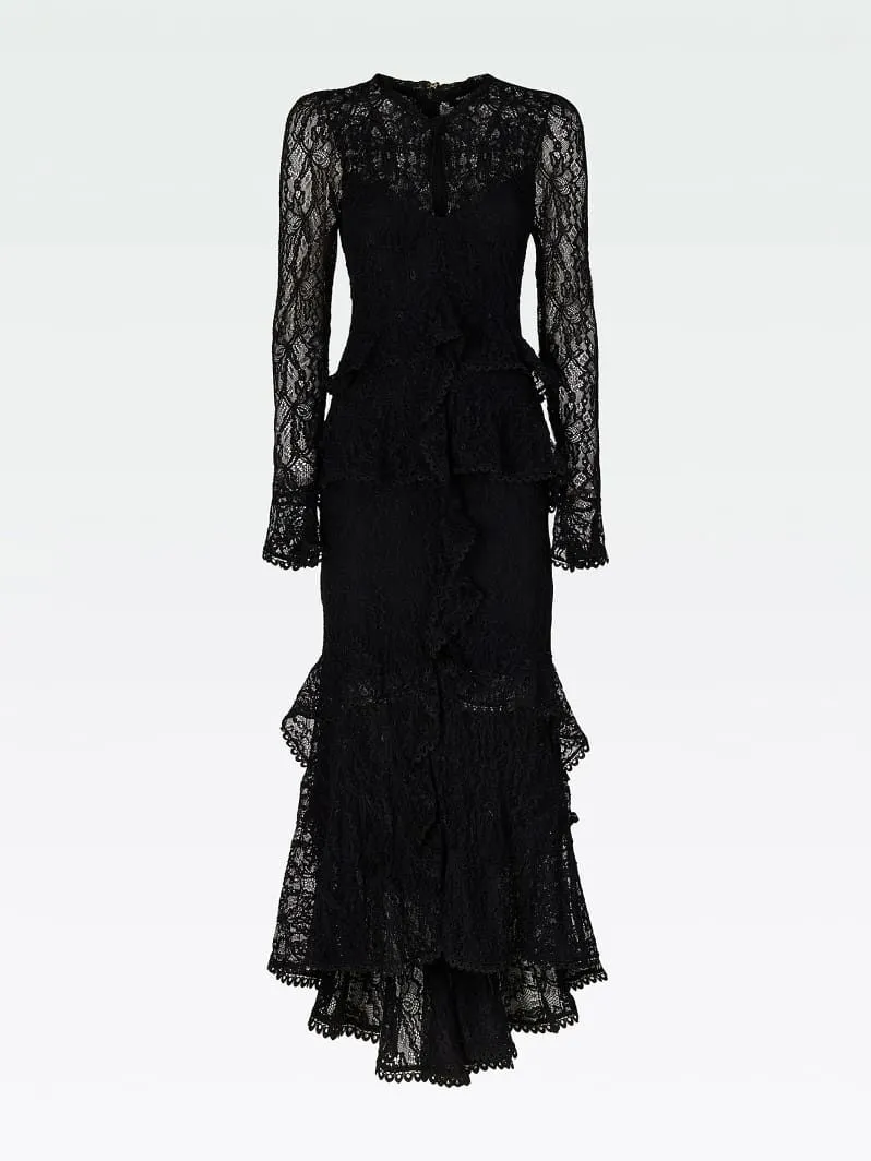 Abito lungo marciano in pizzo con rouches