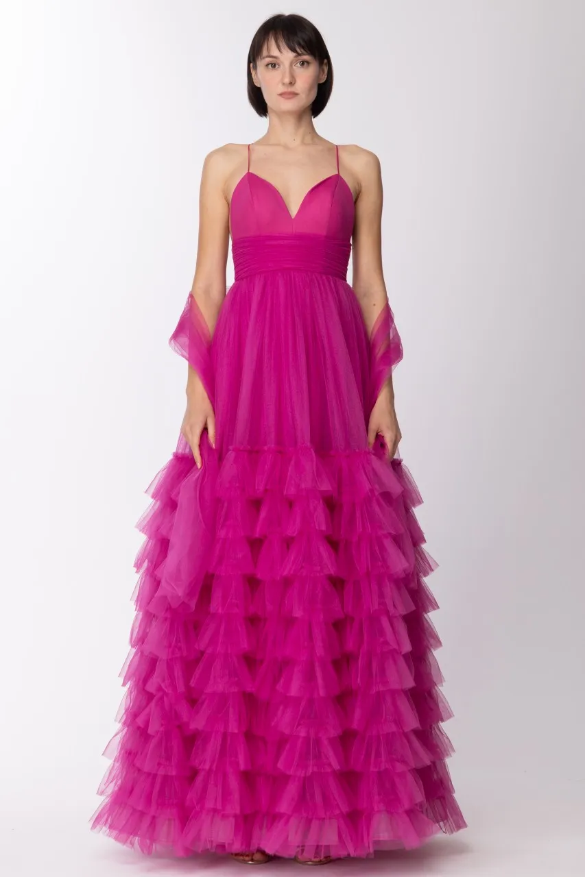 Abito lungo scollo cuore con gonna in tulle FUCHSIA