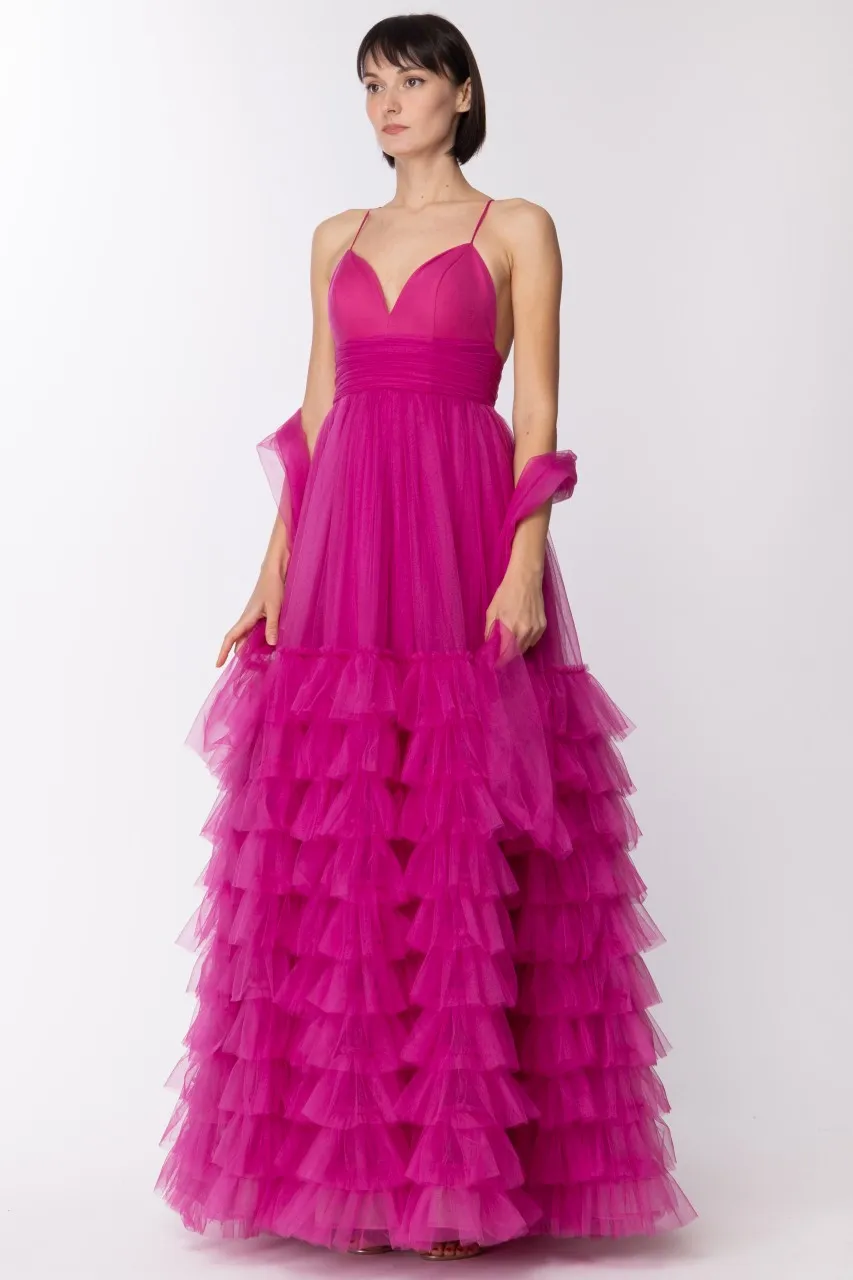 Abito lungo scollo cuore con gonna in tulle FUCHSIA