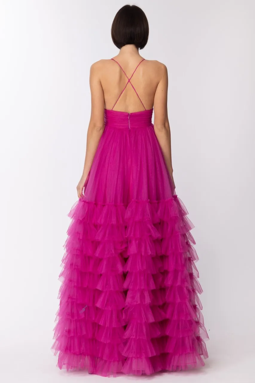 Abito lungo scollo cuore con gonna in tulle FUCHSIA