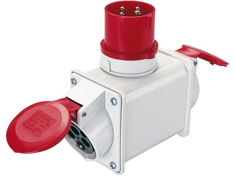 Adattatore industriale doppio spina e 2 prese 16 A 3P+T IP44 rosso