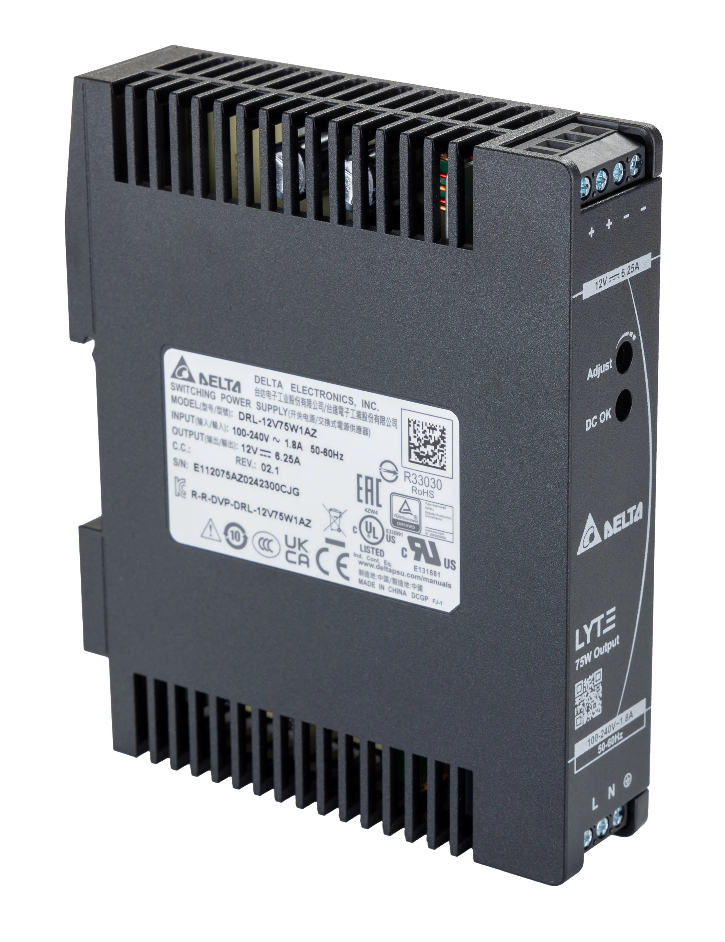Alimentatore a montaggio su guida DIN Delta Electronics, 12V cc, 6.25A, 85 → 264V ca, 75W