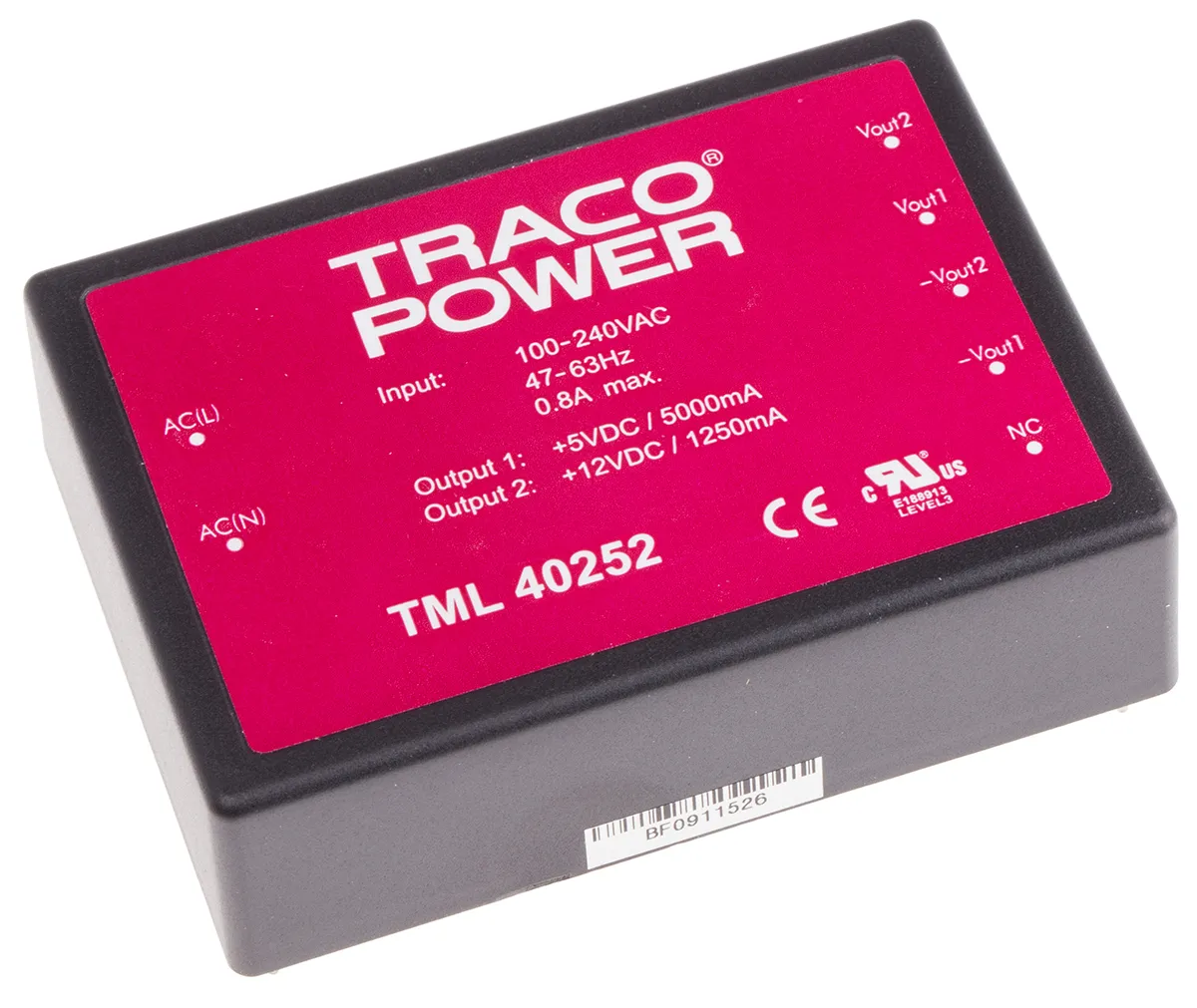 Alimentatore switching TRACOPOWER TML 40252, 40W, ingresso 100 → 375 V dc, 90 → 264 V ac, uscita 5 V dc,