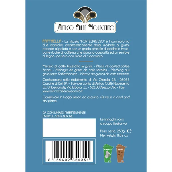 Antico Caffè Novecento 6 sacchetti da 250 Gr - Miscela Raffaella Espresso Italiano di Lusso in Grani