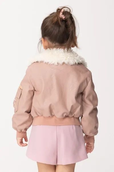 Bomber in ecopelle con colletto pelliccia ROSA NUDO