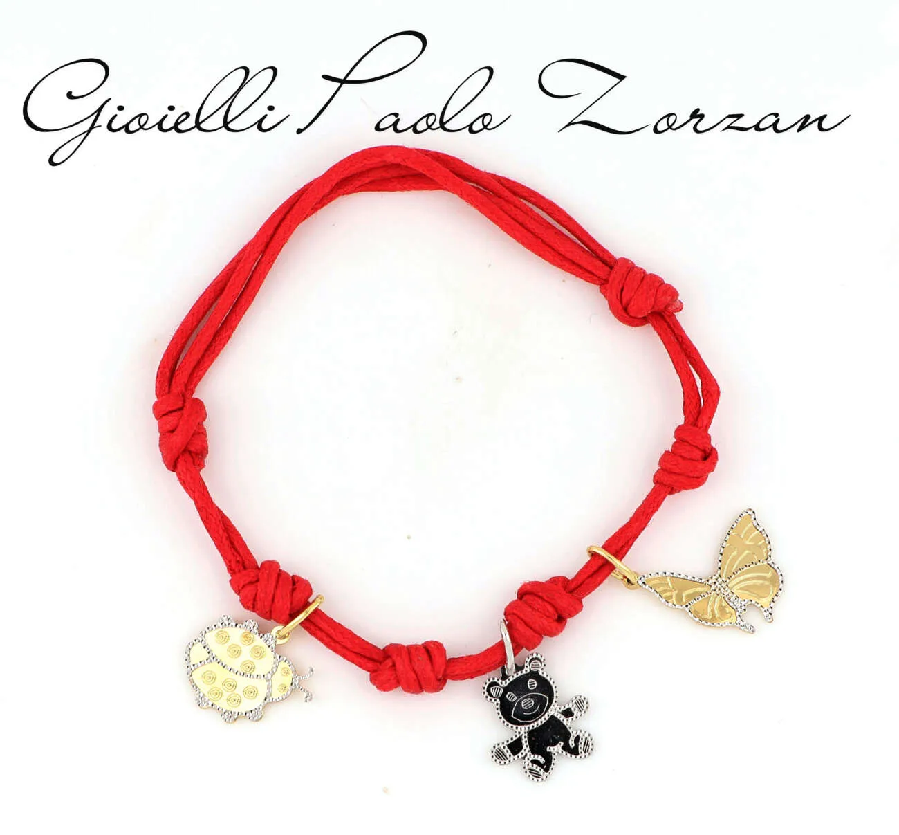 Bracciale bimba in cordino rosso e pendenti in oro  BRC11
