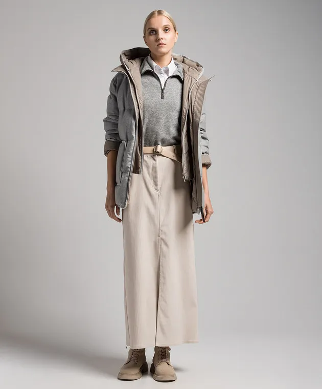 Brunello Cucinelli Gonna in velluto a coste beige con spacchi MB111G3541
