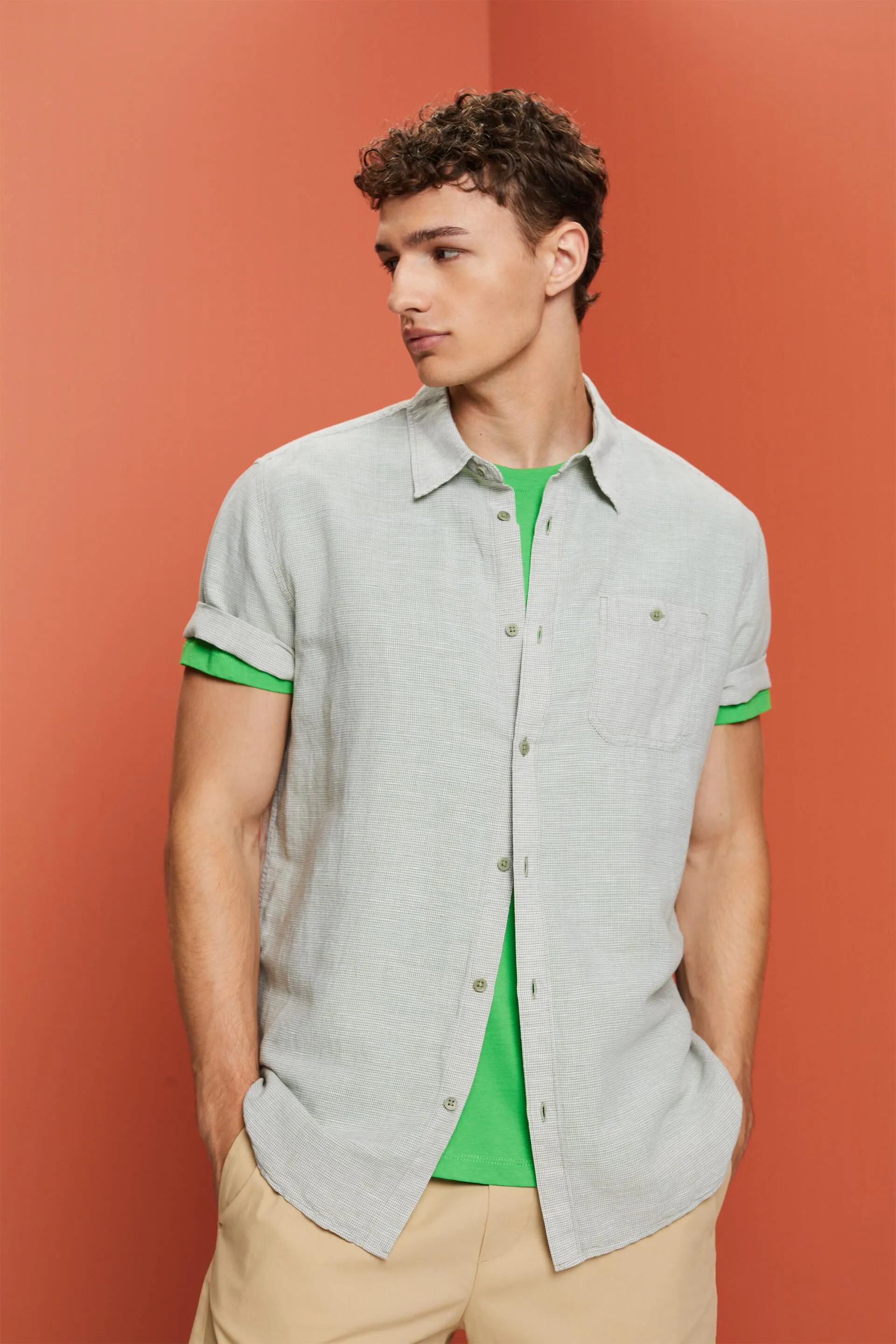 Camicia a manica corta in misto lino con motivo pied de poule