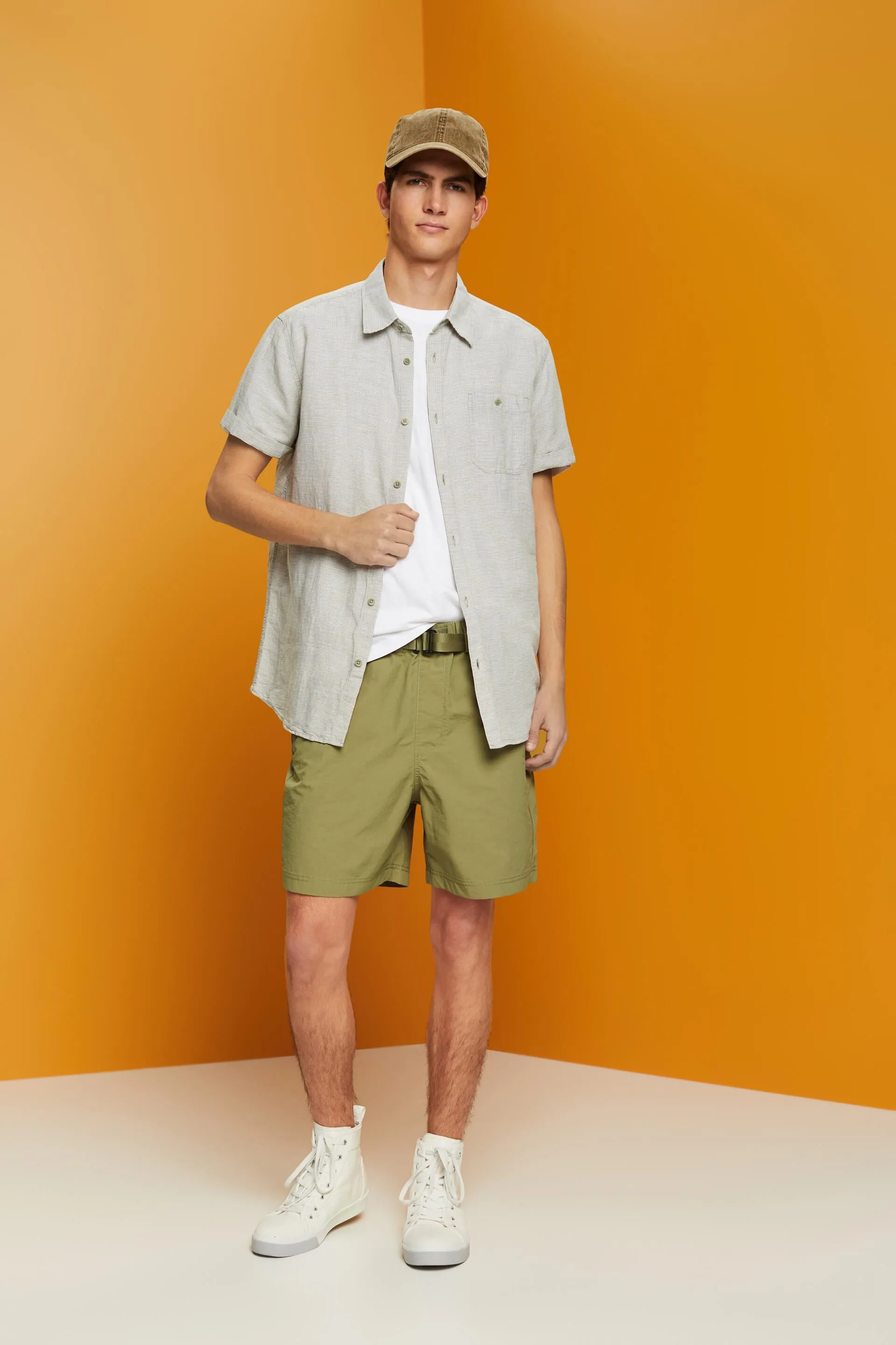 Camicia a manica corta in misto lino con motivo pied de poule
