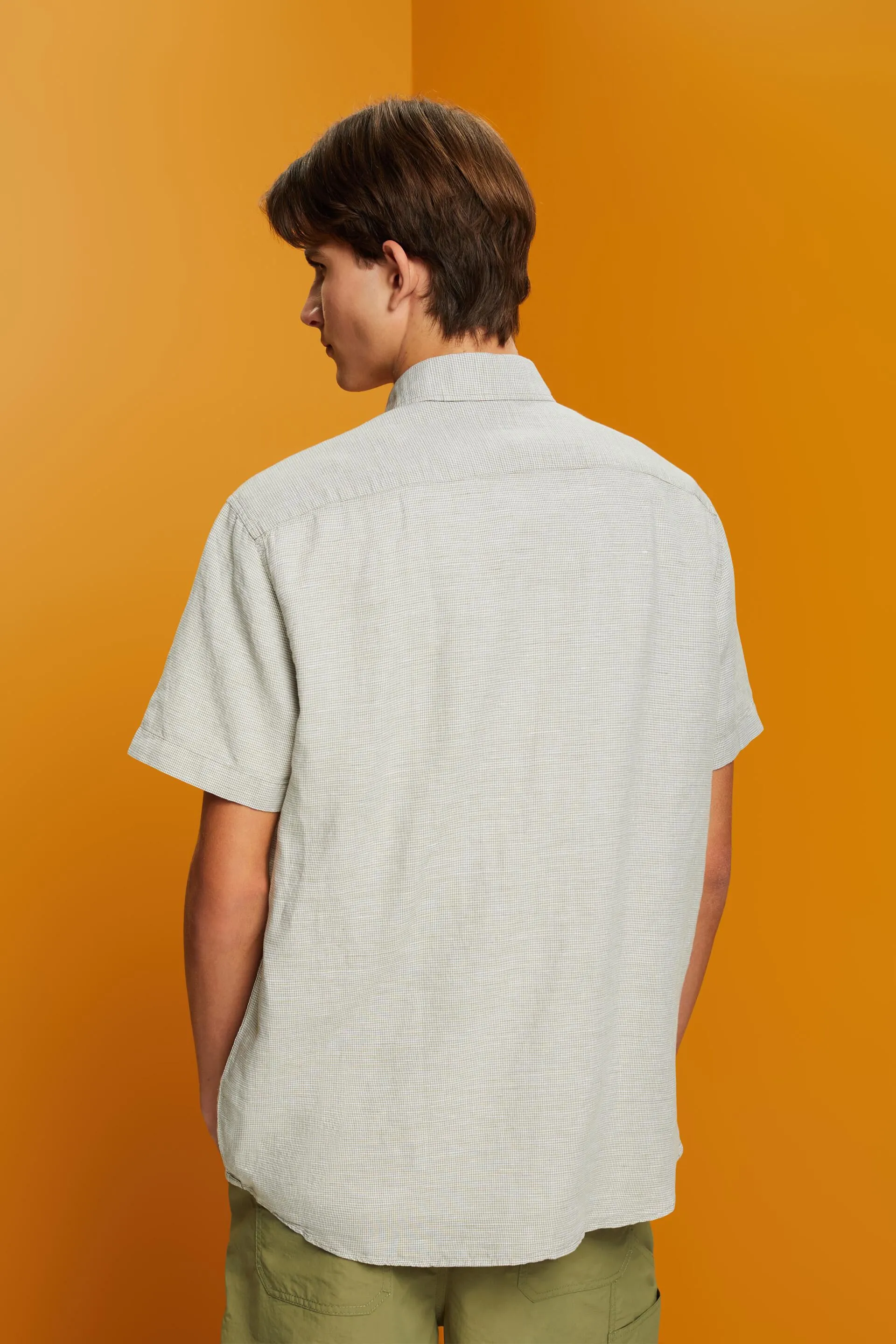 Camicia a manica corta in misto lino con motivo pied de poule