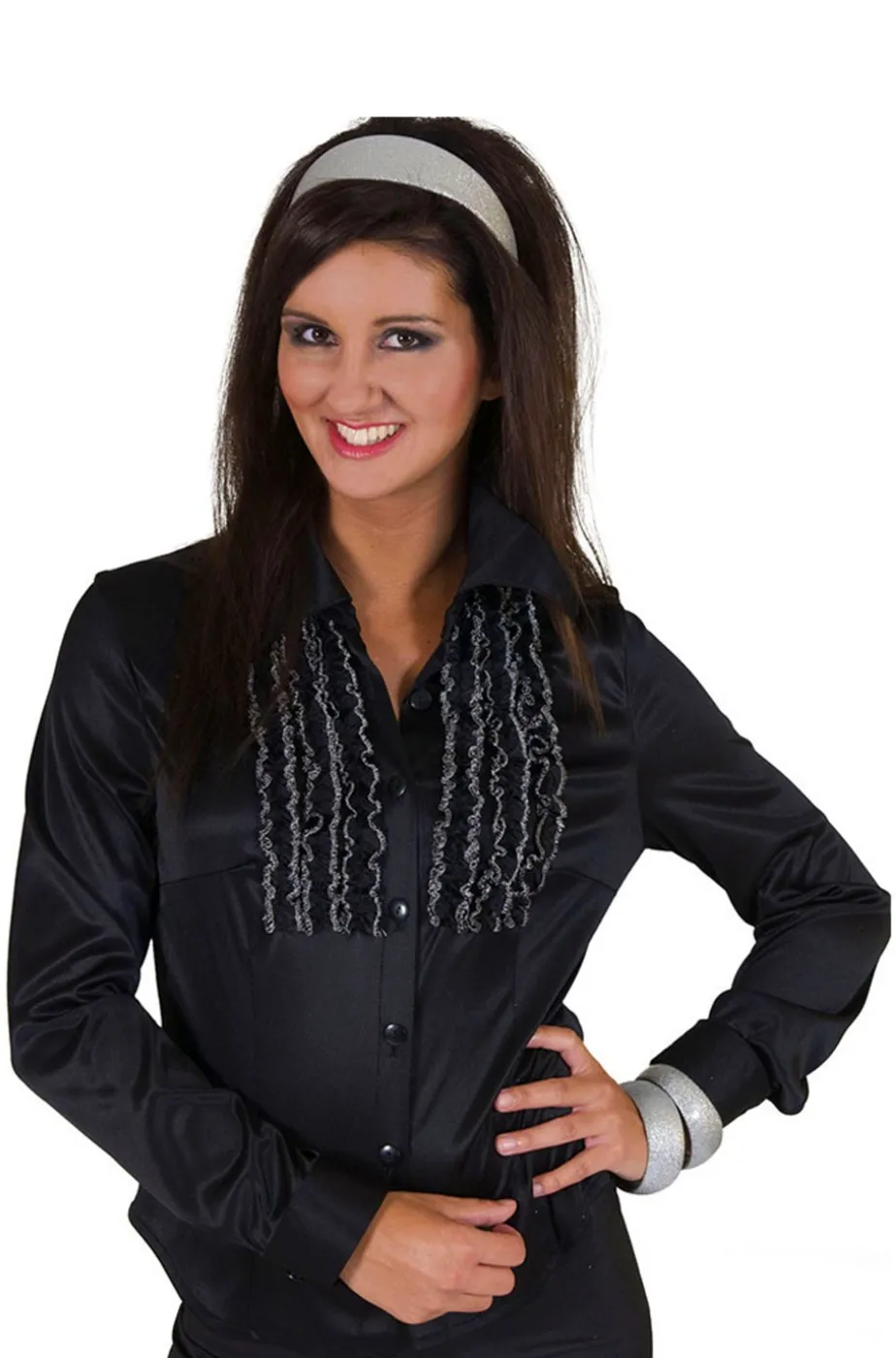 Camicia anni 70 da donna nera con sparato a brillantini
