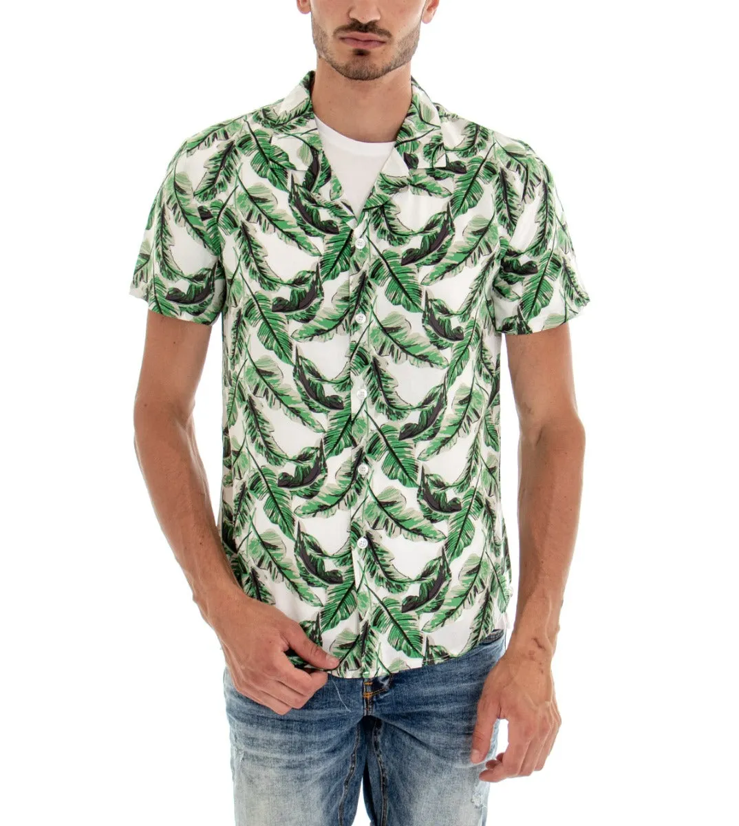 Camicia Manica Corta Uomo Colletto Bianco Fantasia Foglie GIOSAL-CC1093A